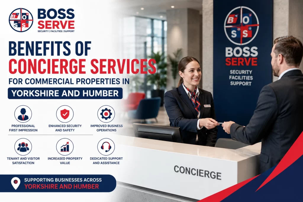 Professional concierge staff assisting visitors at a commercial property in Yorkshire and Humber with Boss Serve concierge services