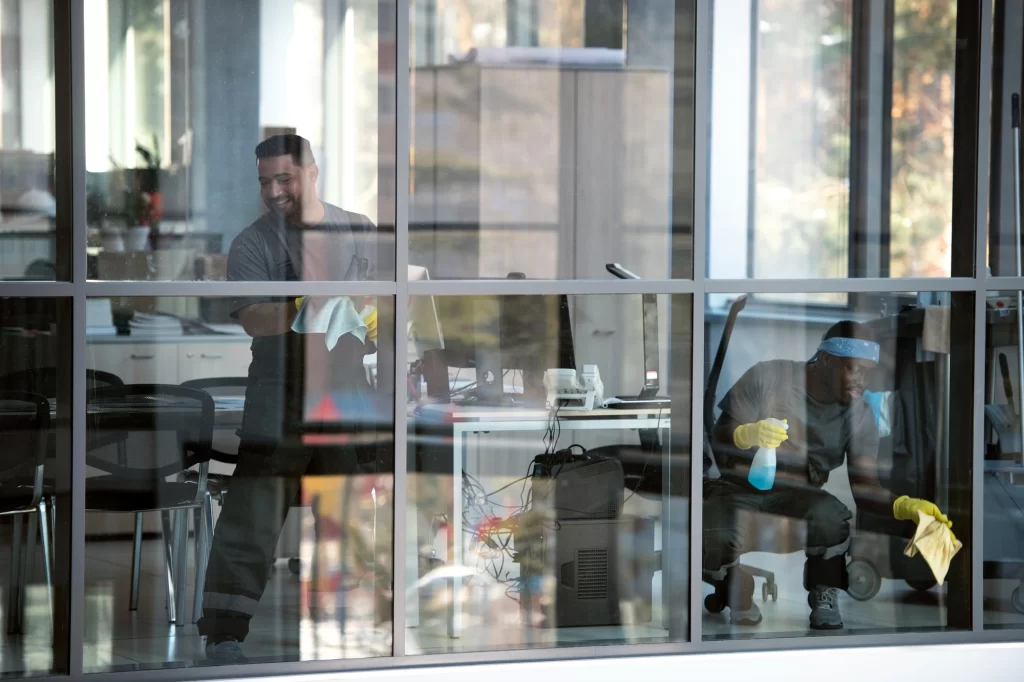 Professional commercial cleaning company cleaning a modern office in Yorkshire and Humber